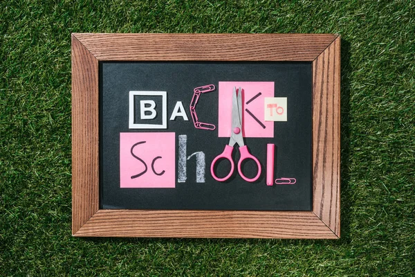 잔디에 분홍색과 개체의 글자를 학교에 칠판의 — 스톡 사진