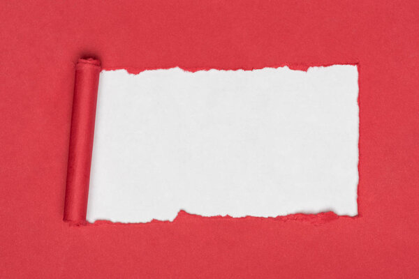 top view of red ripped paper on white 