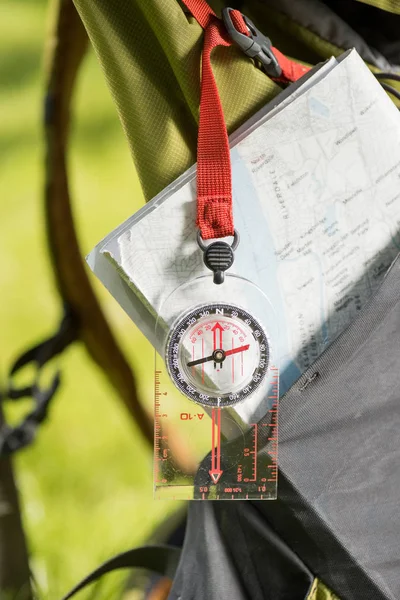 Close View Compass Hanging Backpack Map — Stock Photo, Image