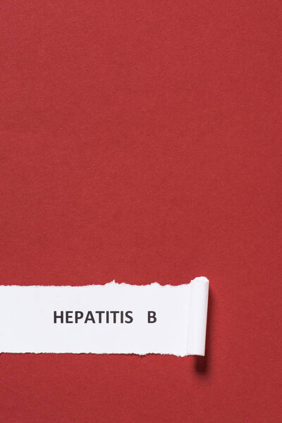 elevated view of lettering hepatitis b on paper on red background, world hepatitis day concept