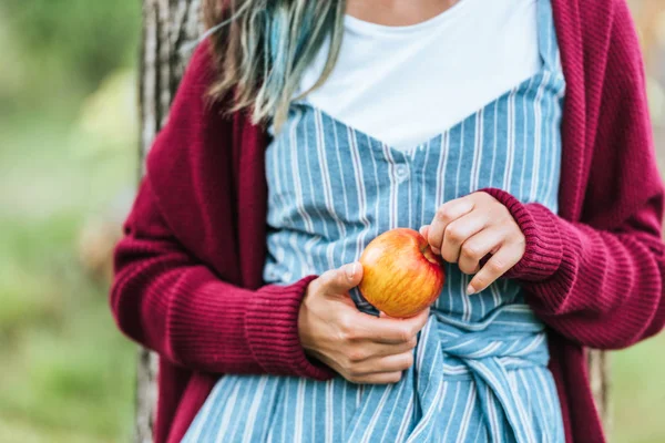 Midsection View Girl Holding Fresh Apple — Free Stock Photo