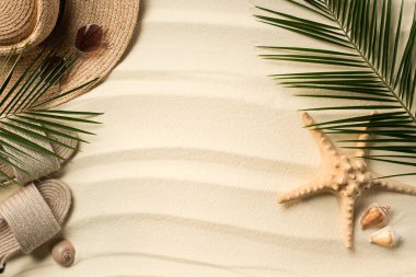 flat lay with palm leaves, straw hat and flip flops on sandy beach clipart