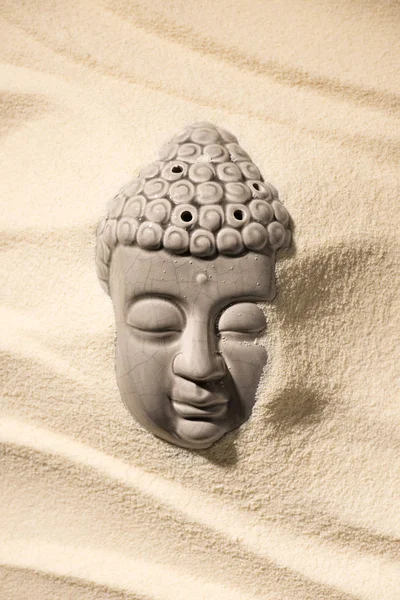 Vue Dessus Sculpture Bouddha Sur Plage Sable — Photo