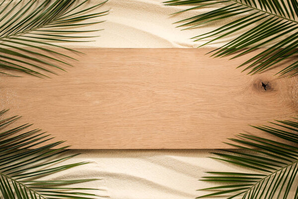top view of palm leaves and wooden plank on sandy surface