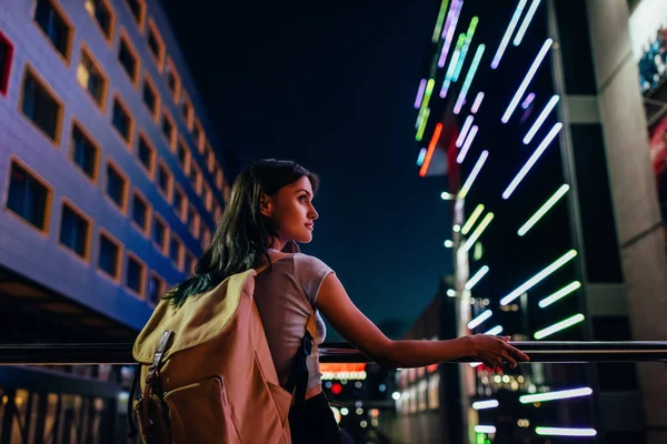 Beautiful Pensive Woman Backpack Looking Away City Street Night — Stock Photo, Image