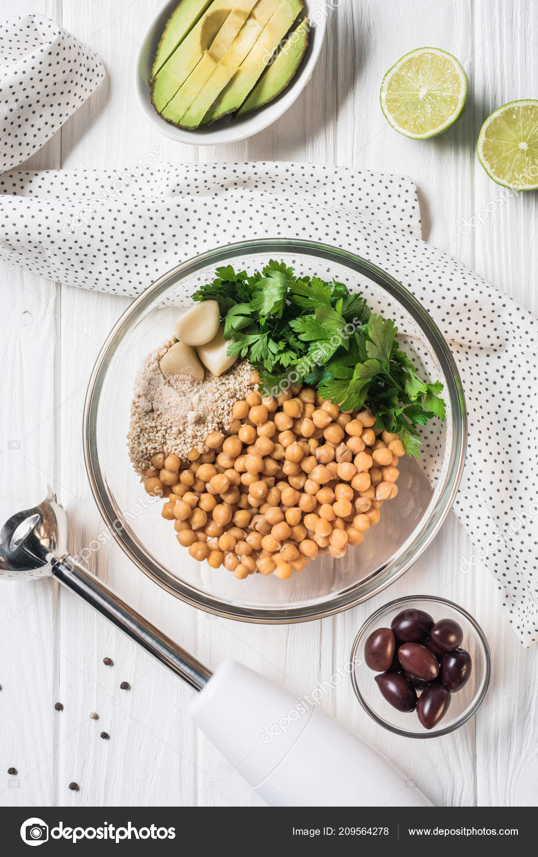Flat Lay Chickpeas Other Ingredients Hummus Bowl Blender Avocado Wooden