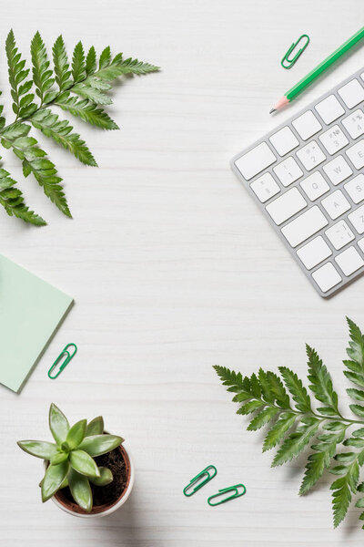 top view of fern leaves, stationery and computer keyboard on table 