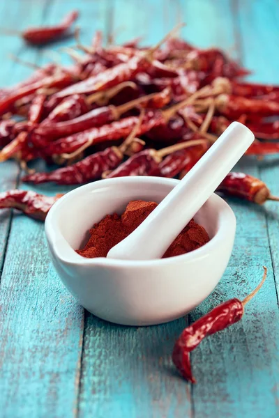 Zblízka Pohled Broušené Chili Pepper Třecí Misce Paličkou Modré Dřevěný — Stock fotografie