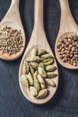 close-up view of wooden spoons with cardamom, coriander seeds and cumin on black clipart