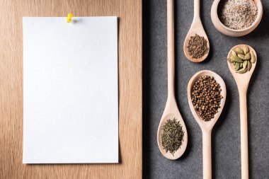 top view of dried spices on wooden spoons and blank paper sheet clipart