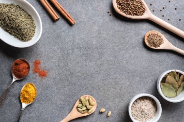 çeşitli aromatik baharat kase ve gri arka plan üzerine kaşık kuru   
