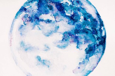 planet made of blue watercolor paint on white background