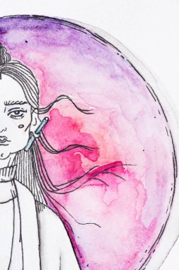 kadın resmini kısmi görünümü üzerinde küre arka plan kırmızı sulu boya boya ile yapılan