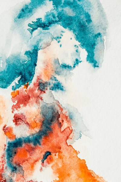 abstract painting with orange and green watercolor paints on white background