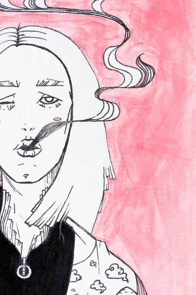 kadının siyah beyaz resim görünümü, pembe arka plan ağzından gelen duman ile yakın 