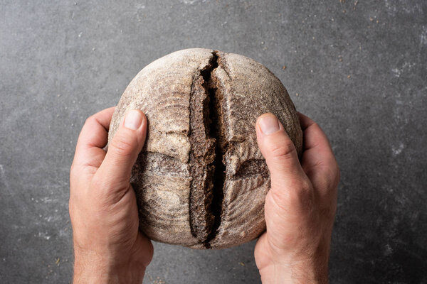 обрезанный снимок человека, держащего буханку ржаного хлеба в руках на сером фоне
