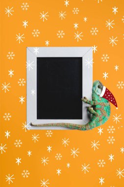 Noel Baba şapkası portakal Noel kar taneleri ile izole beyaz çerçeve içinde yazı tahtası üzerinde yeşil bukalemun
