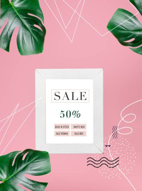 pembe tropikal monstera ile izole 50 yüzdeleri satış ile alışveriş blackboard bırakır