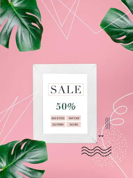 Shopping Tafel Mit Prozent Verkauf Isoliert Auf Rosa Mit Tropischen — Stockfoto
