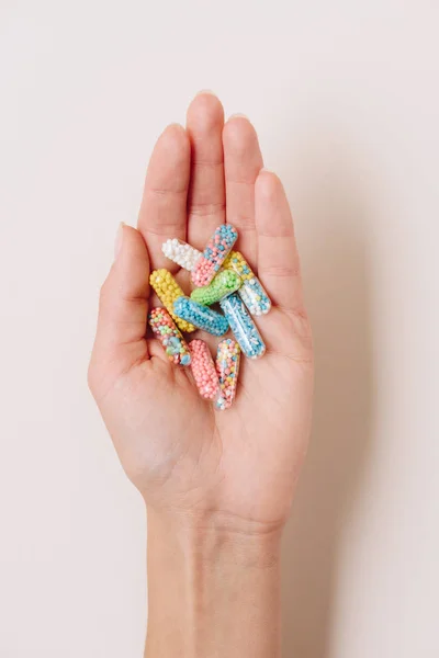 Cropped Shot Woman Holding Various Colorful Medical Capsules White — Stock Photo, Image