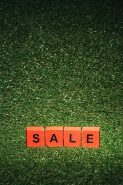 Kırmızı alfabe blok satışı için siyah Cuma yeşil çimenlerin üzerinde oturum