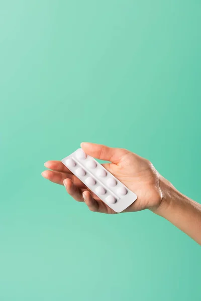 Cropped Shot Person Holding Blister Pack Tablets Isolated Green — Stock Photo, Image