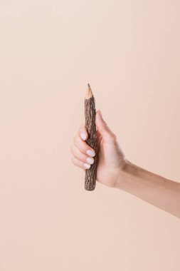 cropped shot of woman holding pencil made of stick isolated on beige clipart