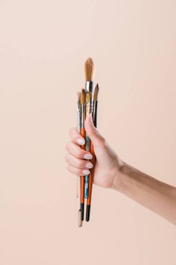 cropped shot of woman holding bunch of paint brushes isolated on beige clipart