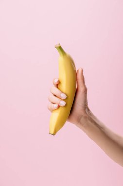 cropped shot of woman holding banana isolated on pink clipart
