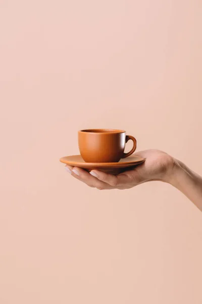 Cropped Shot Woman Holding Cup Coffee Isolated Beige — Stock Photo, Image
