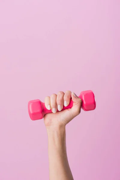 Cropped Shot Woman Holding Dumbbell Isolated Pink — Stock Photo, Image