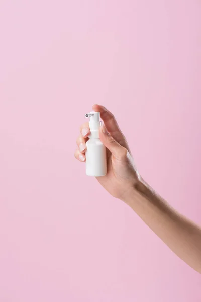 Cropped Shot Woman Holding Medical Spray Isolated Pink — Stock Photo, Image