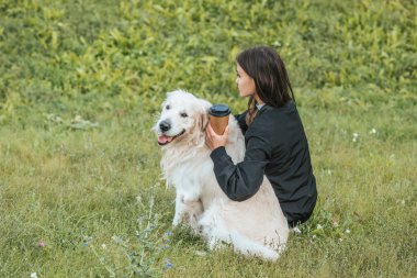 Kağıt bardak tutan ve köpek Park ile oturan genç kadın