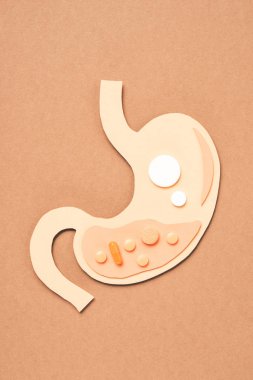 top view of human stomach with different pills on beige clipart