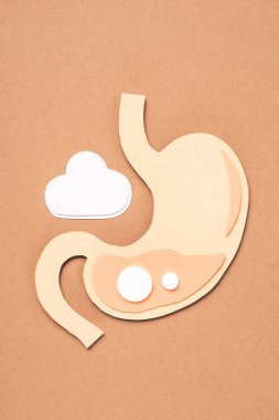 elevated view of human stomach with white pills on beige clipart