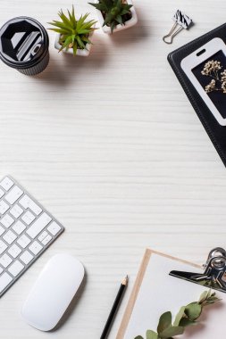 düz lay saksı bitkileri, kağıt kahve Kupası, bilgisayar fare ve klavye de ofiste tabloda ile 