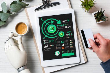 işadamı kredi kartı tutan ve masada kahve fincanı Office ile ekranda Infographic ile dijital tablet kullanarak cyborg el ile kısmi görünümü 