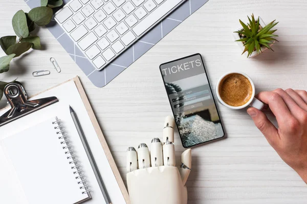 Partial View Businessman Prosthesis Arm Using Smartphone Tickets Screen Table — Stock Photo, Image