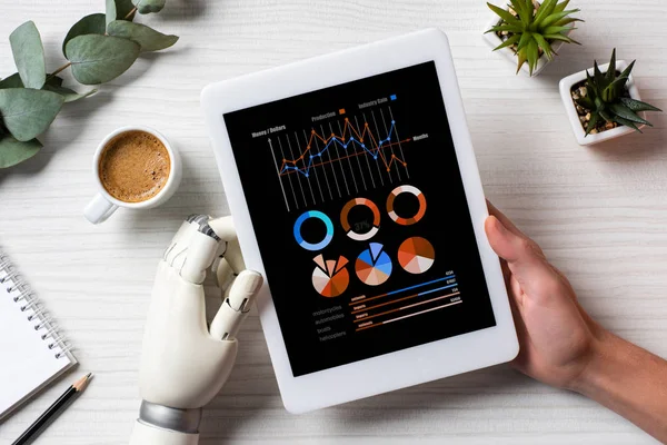 オフィスのコーヒー カップとテーブルで画面に Infogrpahic とデジタル タブレットを使用してサイボーグ手で実業家の部分的なビュー — ストック写真