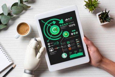 infrographic masasında görmek kahve fincanı Office ile dijital tablet kullanarak protez kollu işadamı resim kırpılmış 