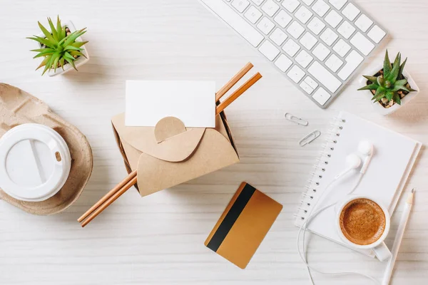 Top View Empty Business Card Credit Card Wok Box Paper — Stock Photo, Image