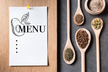 top view of dried spices on wooden spoons and paper sheet with menu inscription clipart