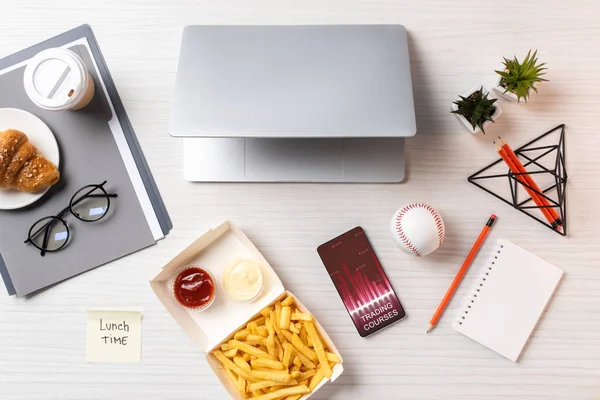 Top View French Fries Sticky Note Inscription Lunch Time Laptop — Stock Photo, Image