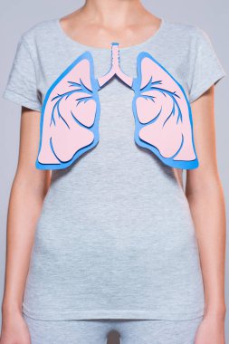 partial view of woman with paper made human lungs on grey background clipart