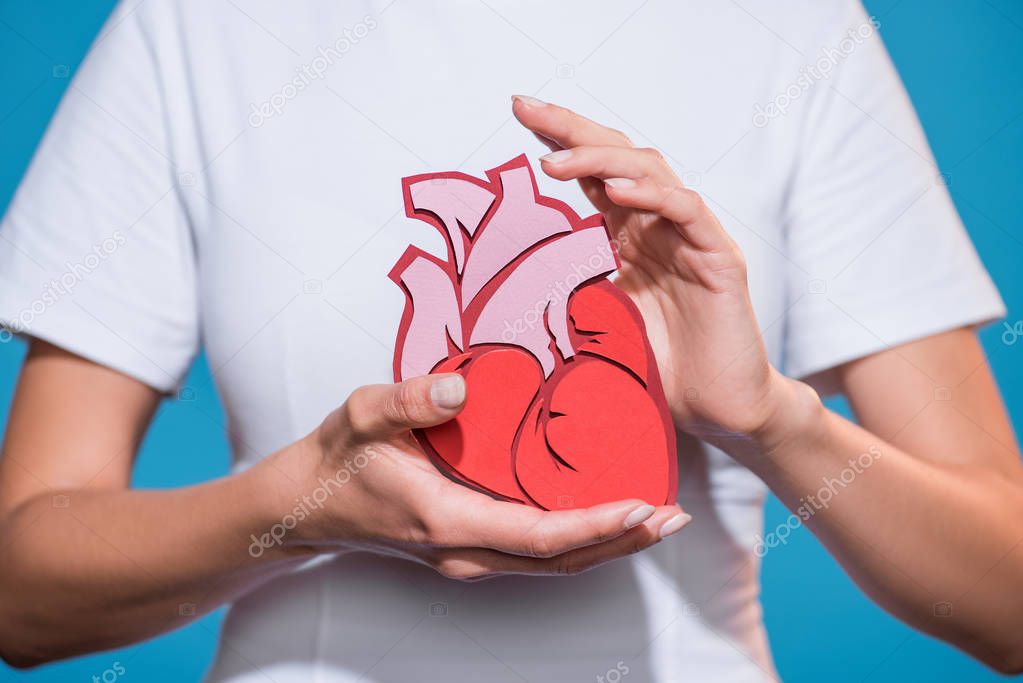 cropped shot of woman in white tshirt holding paper made heart on blue backdrop