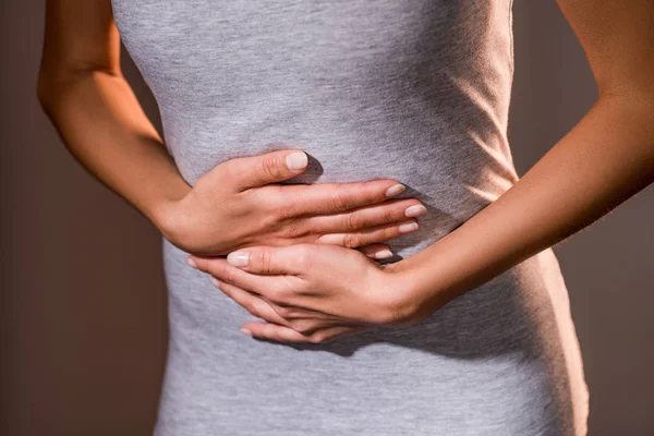 Partial View Woman Having Stomach Ache Dark Background — Stock Photo, Image