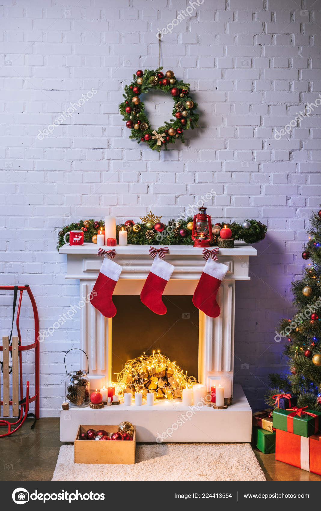 Fireplace Decorations Christmas Tree Home Stock Photo