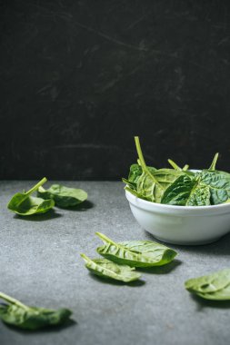 Kabın içinde yeşil ve sağlıklı ıspanak yaprakları 