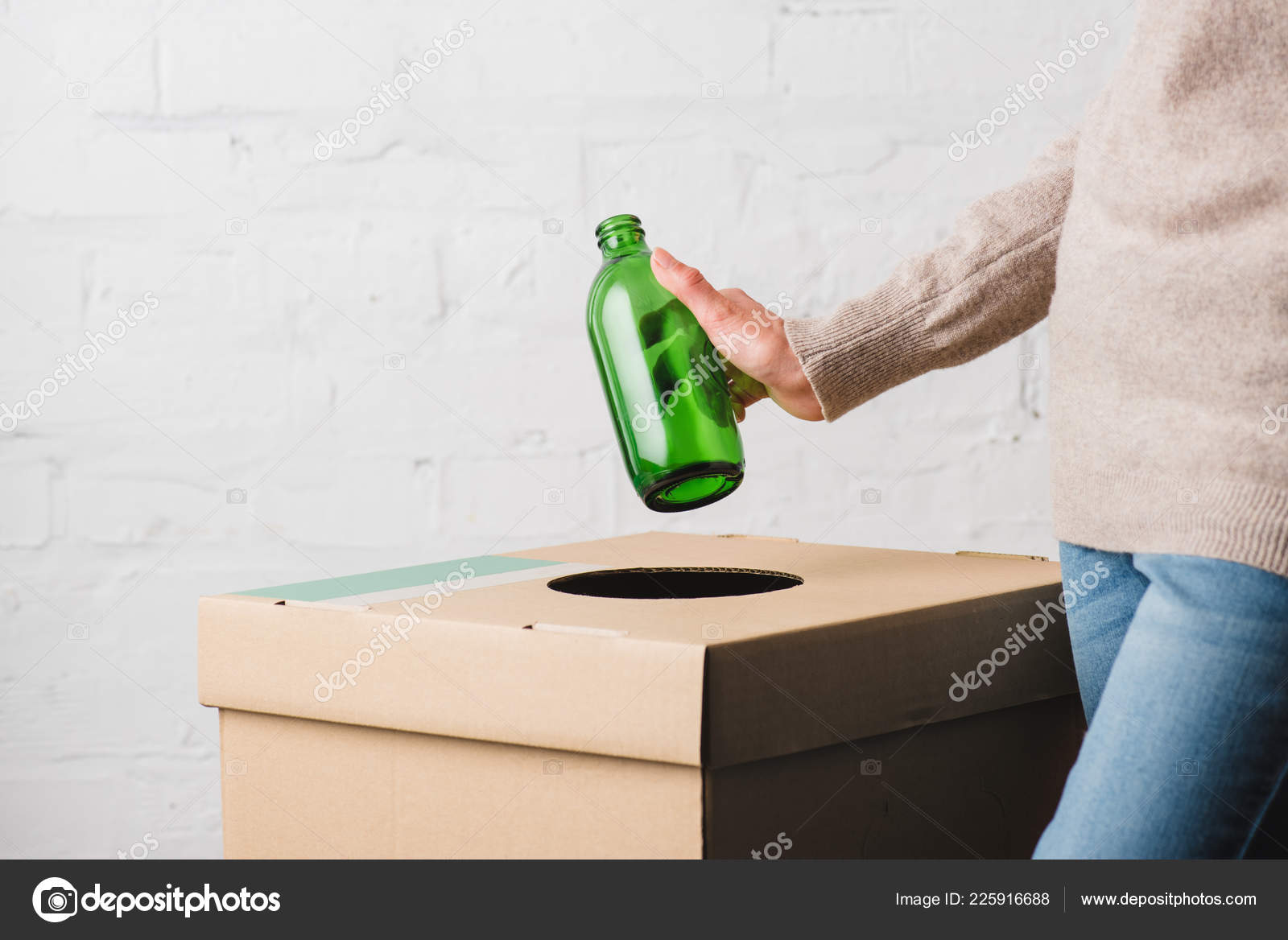 Partial View Woman Throwing Glass Bottle Trash Bin Stock Photo by