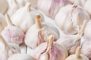 Ripe garlic bulbs on white kitchen table clipart